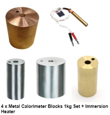 Thermodynamics Metals Kit + Immersion Heater (Contains 1kg blocks of Copper, Steel, Aluminium, Brass)